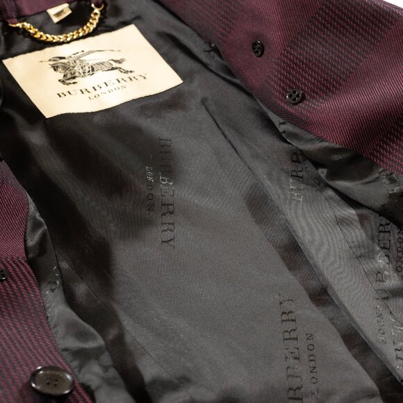 Burberry burgundy long check cotton leather trimmed trench coat - Picture 5 of 7